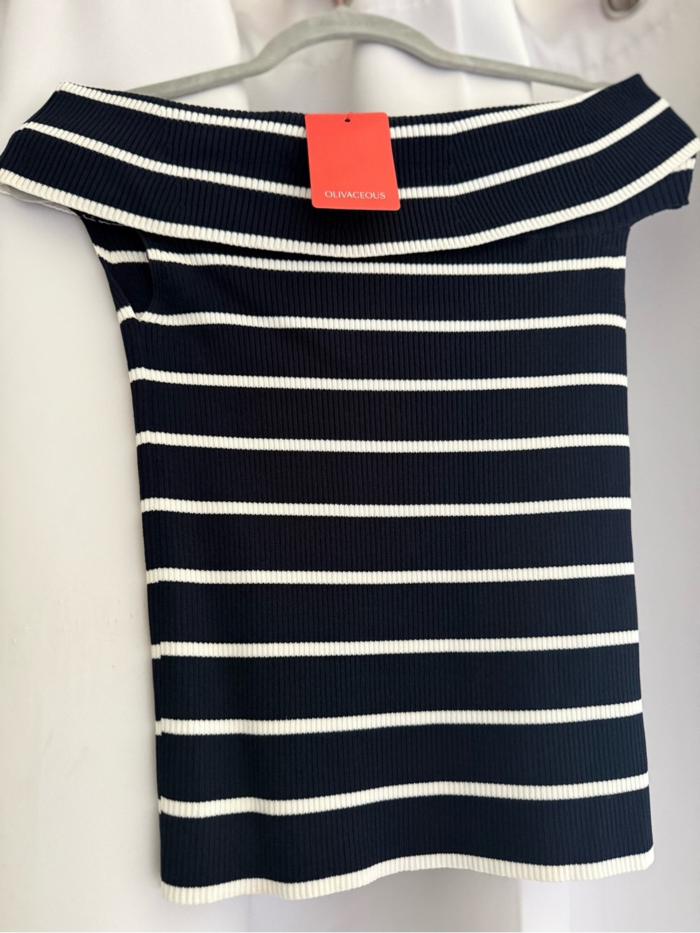 Olivaceous Navy & White One-Shoulder Stripe Dress